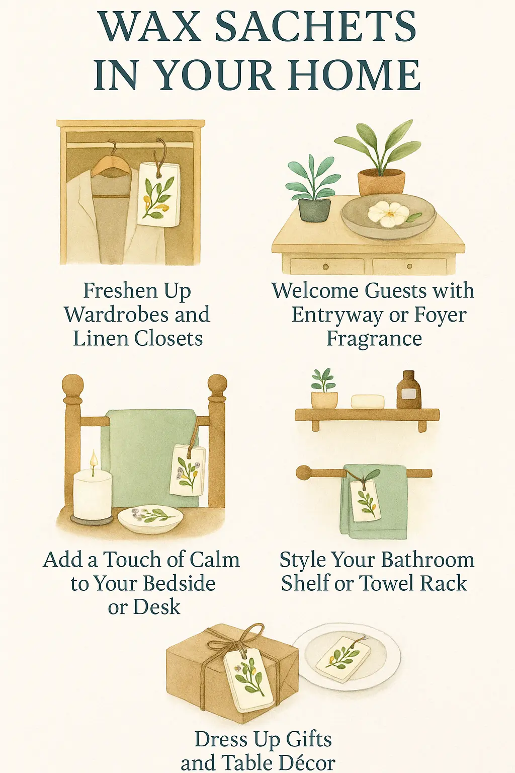 Infographic showing 5 creative ways to use wax sachets at home, including in wardrobes, entryways, bedside tables, bathrooms, and as gift décor