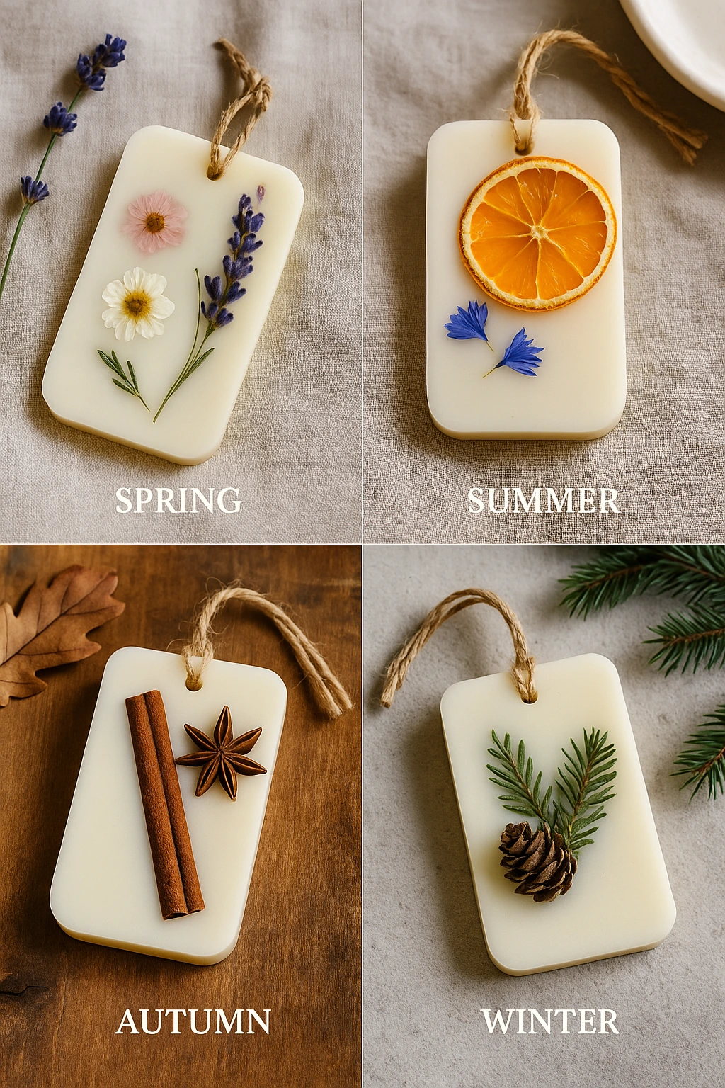 A set of four seasonal soy wax sachets by Candle Kin, featuring spring florals, summer citrus, autumn spices, and winter pine.