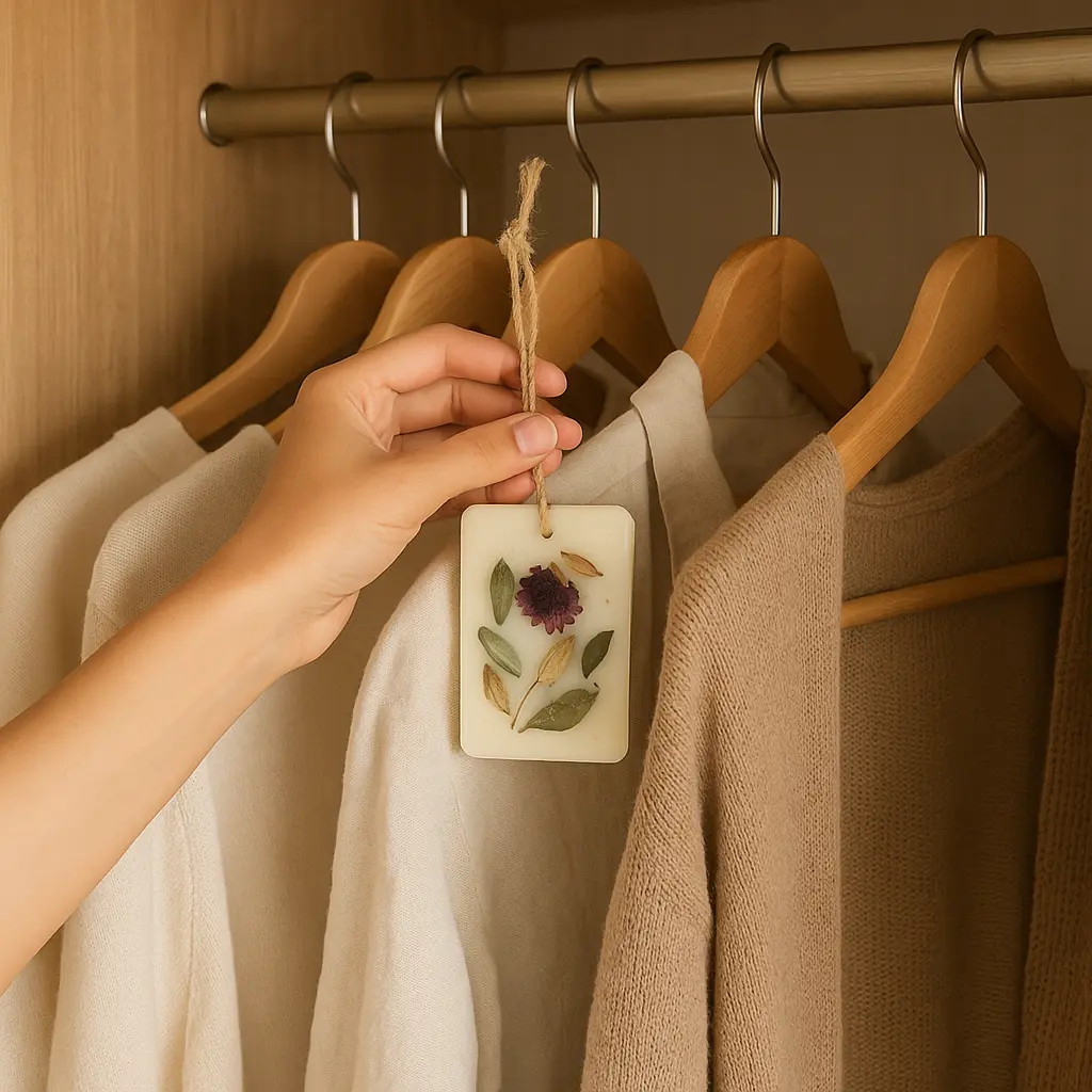 A hand places a botanical wax sachet on a wooden hanger inside a softly lit, neutral-toned closet with beige and cream clothing
