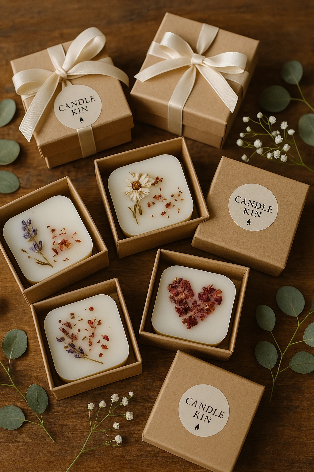 Soy wax sachets presented in a rustic gift box with dried botanicals, ideal as wedding or baby shower favors by Candle Kin.