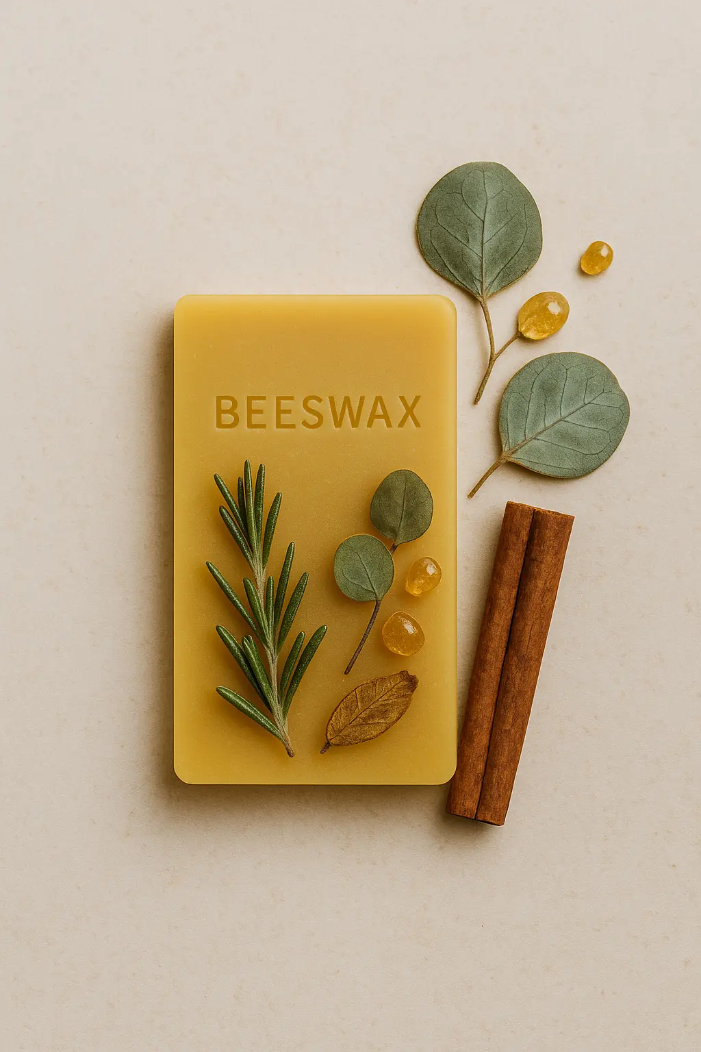 Rustic beeswax sachet decorated with rosemary, eucalyptus leaves, and cinnamon sticks on a soft beige background.