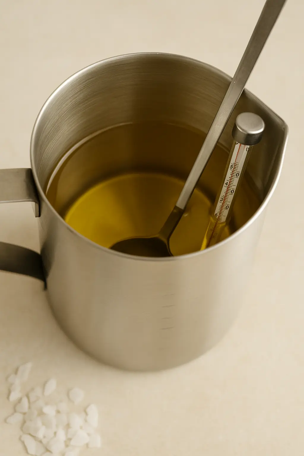 Close-up of melted soy wax being stirred in a metal pitcher with a thermometer for temperature control