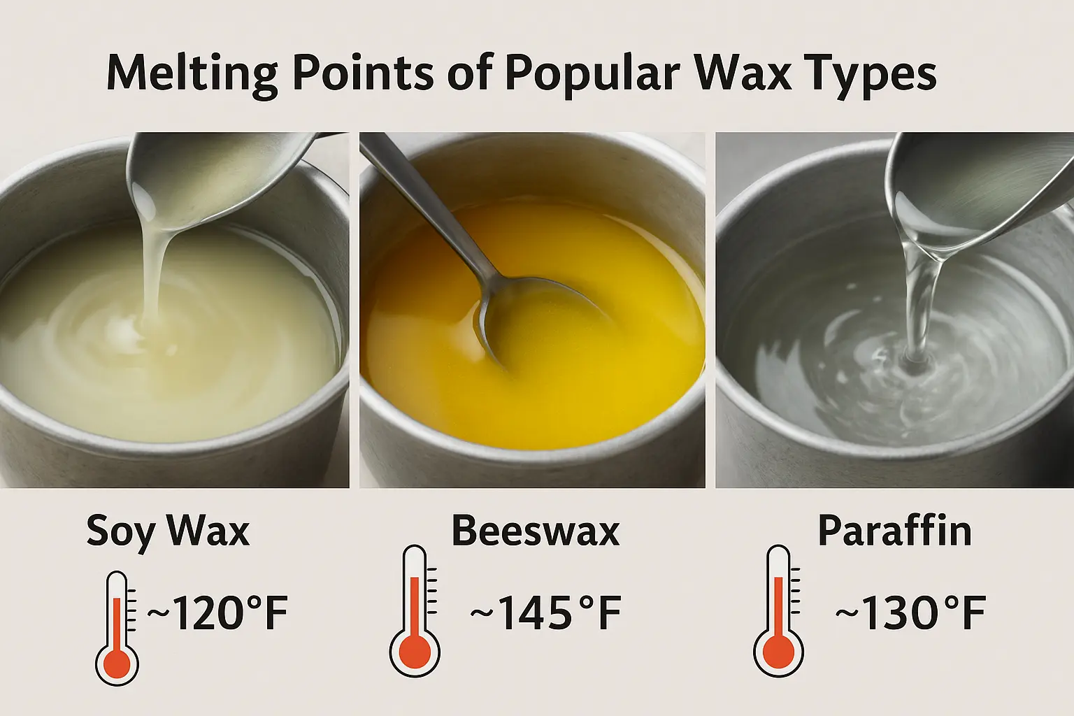 Side-by-side photo of soy, beeswax, and paraffin wax melting in pots, with labeled thermometers showing melting points of each wax type.