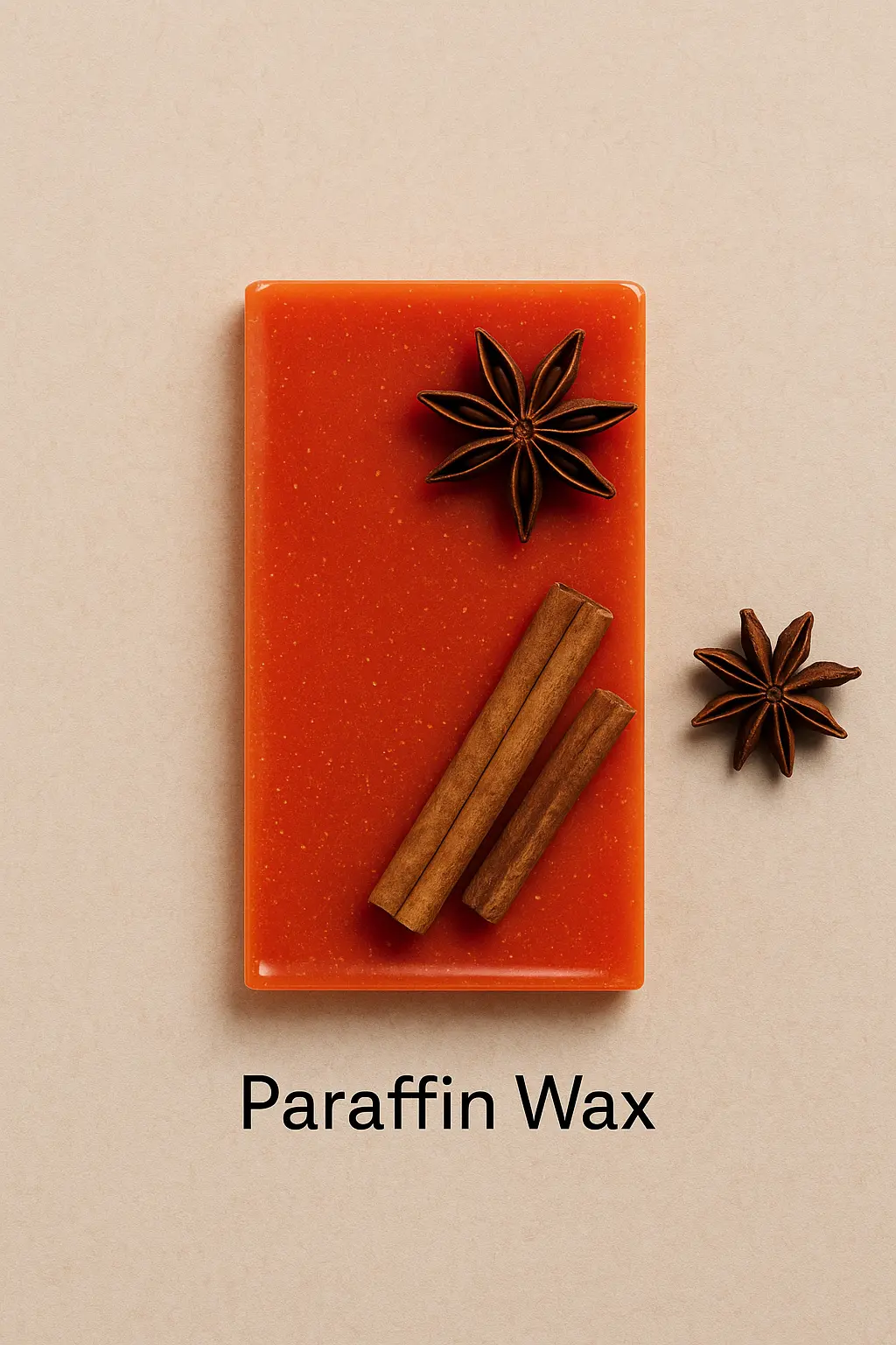 Glossy orange-red paraffin wax sachet decorated with star anise and cinnamon sticks on a neutral background.