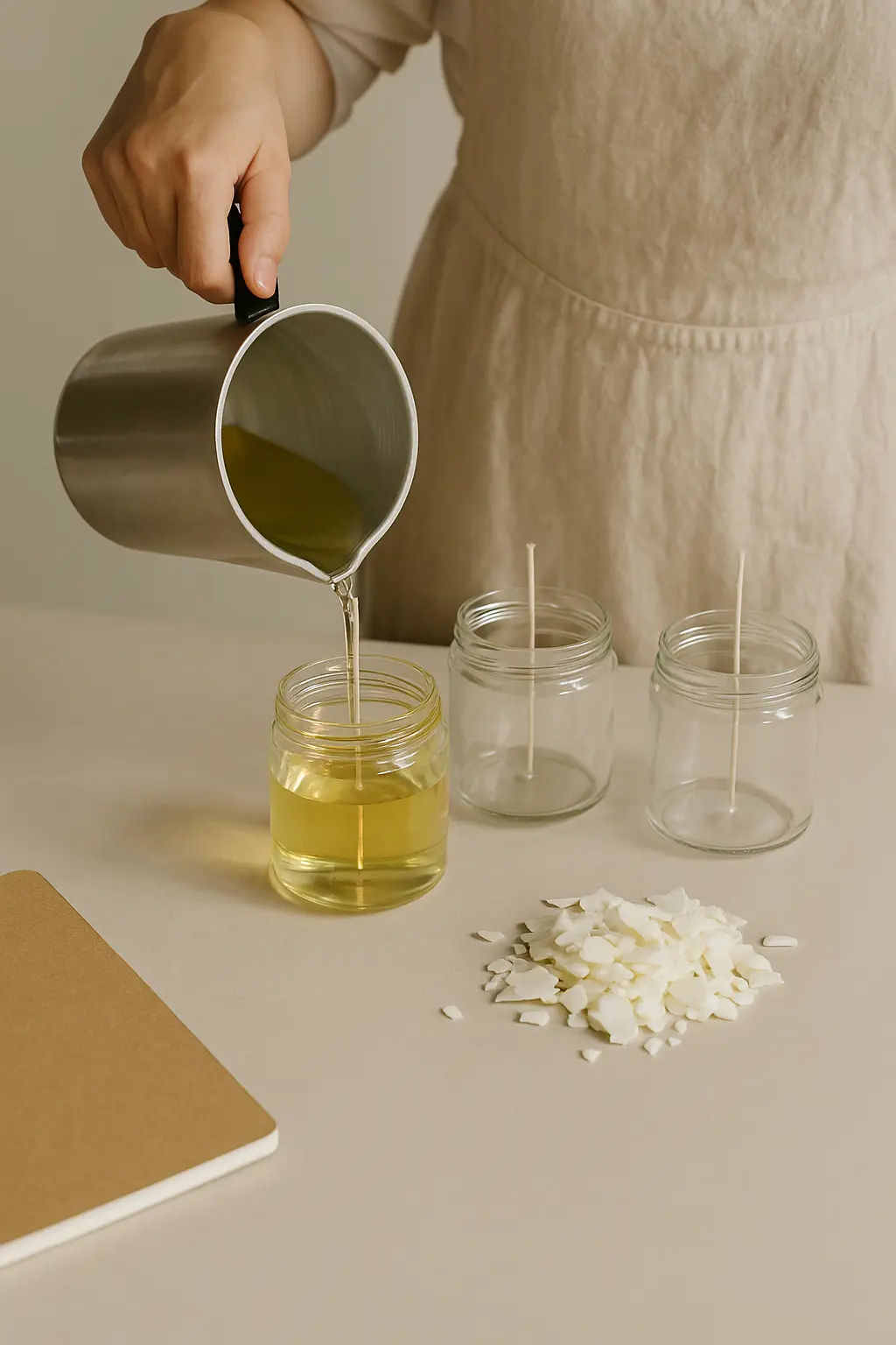 Pouring melted soy wax into candle jars at a home-based workspace