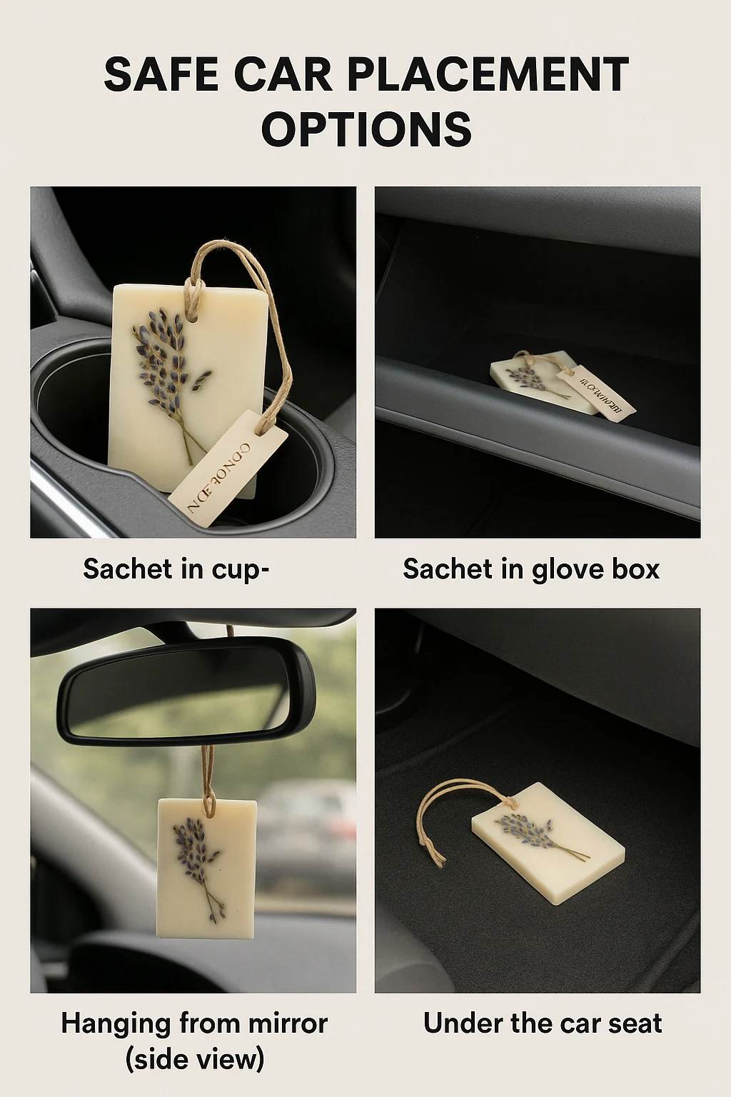 Collage showing four safe ways to place a wax sachet in a car — in cupholder, glove box, hanging from mirror, and under the seat