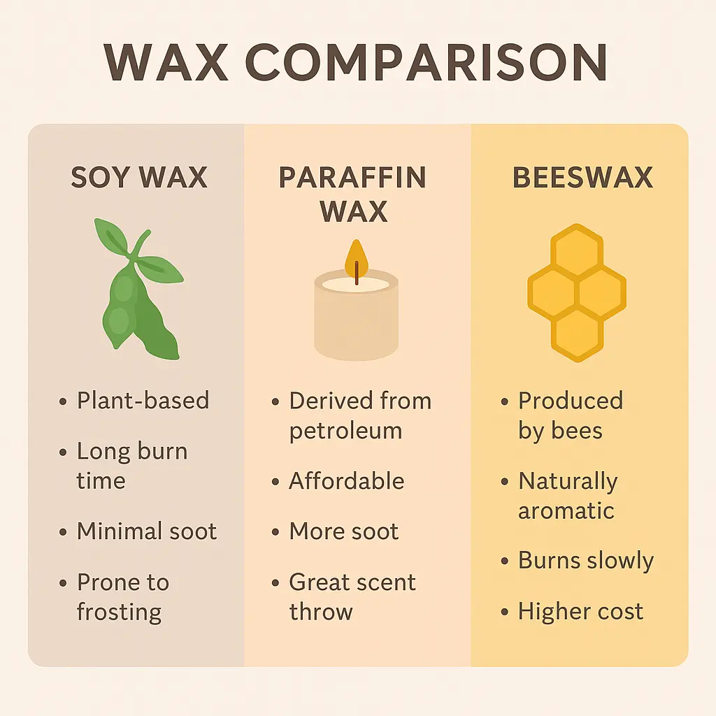 Infographic comparing soy wax, paraffin wax, and beeswax with icons and features in a side-by-side chart