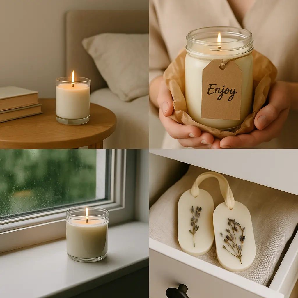 Collage showing soy wax candles burning, as gifts, on a rainy day, and soy wax sachets in a linen drawer