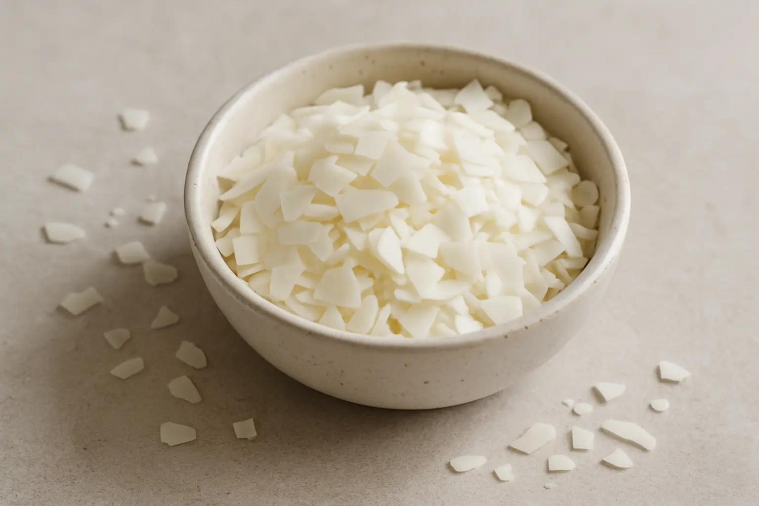 Close-up of natural soy wax flakes in a ceramic bowl with a neutral background
