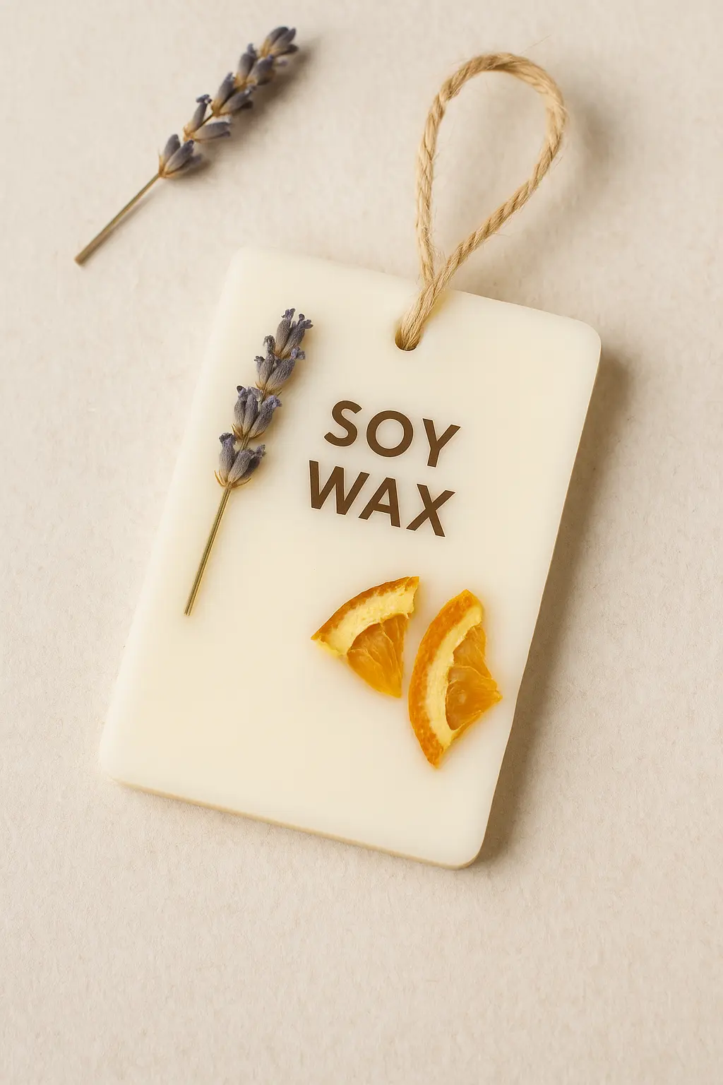 Soy wax sachet decorated with dried lavender and orange peel on a neutral background.
