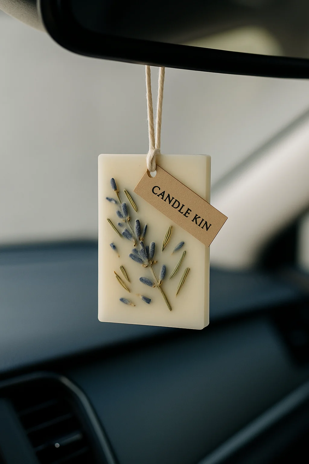 Natural wax sachet for car hanging from rear-view mirror with lavender and Candle Kin tag