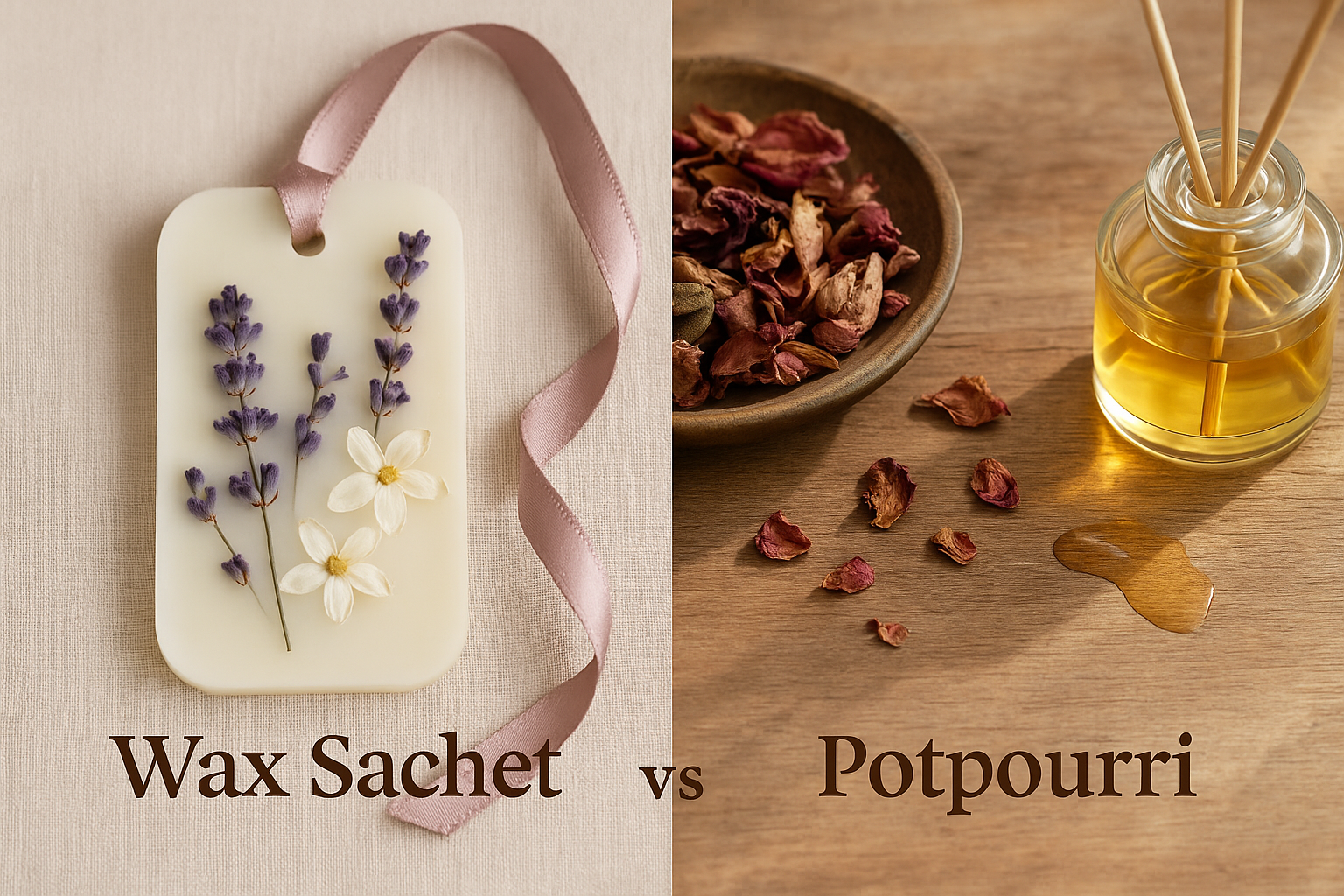A side-by-side comparison of a wax sachet with dried flowers and ribbon next to a bowl of faded potpourri and a spilled diffuser bottle.