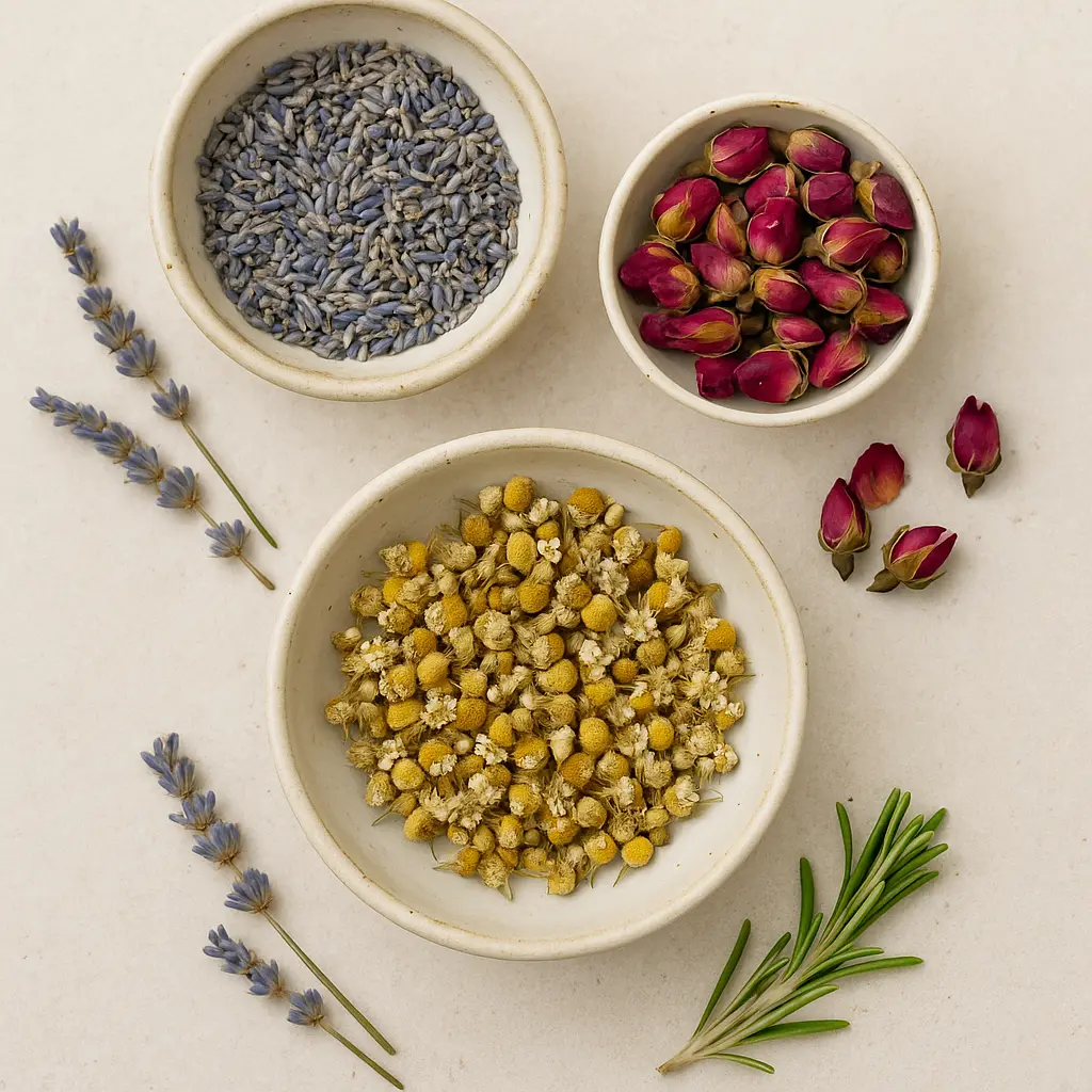 Three ceramic bowls filled with dried lavender, rosebuds, and chamomile flowers, arranged on a neutral background for making wax sachets.