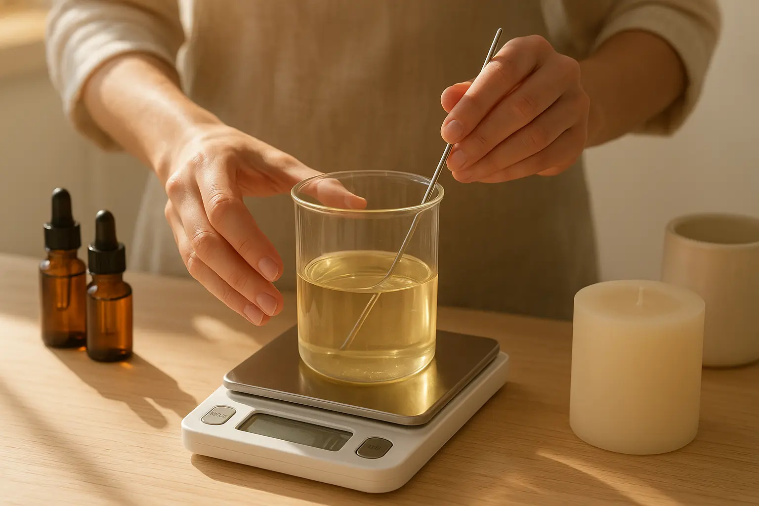 Candle maker measuring liquid wax in a glass beaker on a digital scale with fragrance oil bottles nearby.