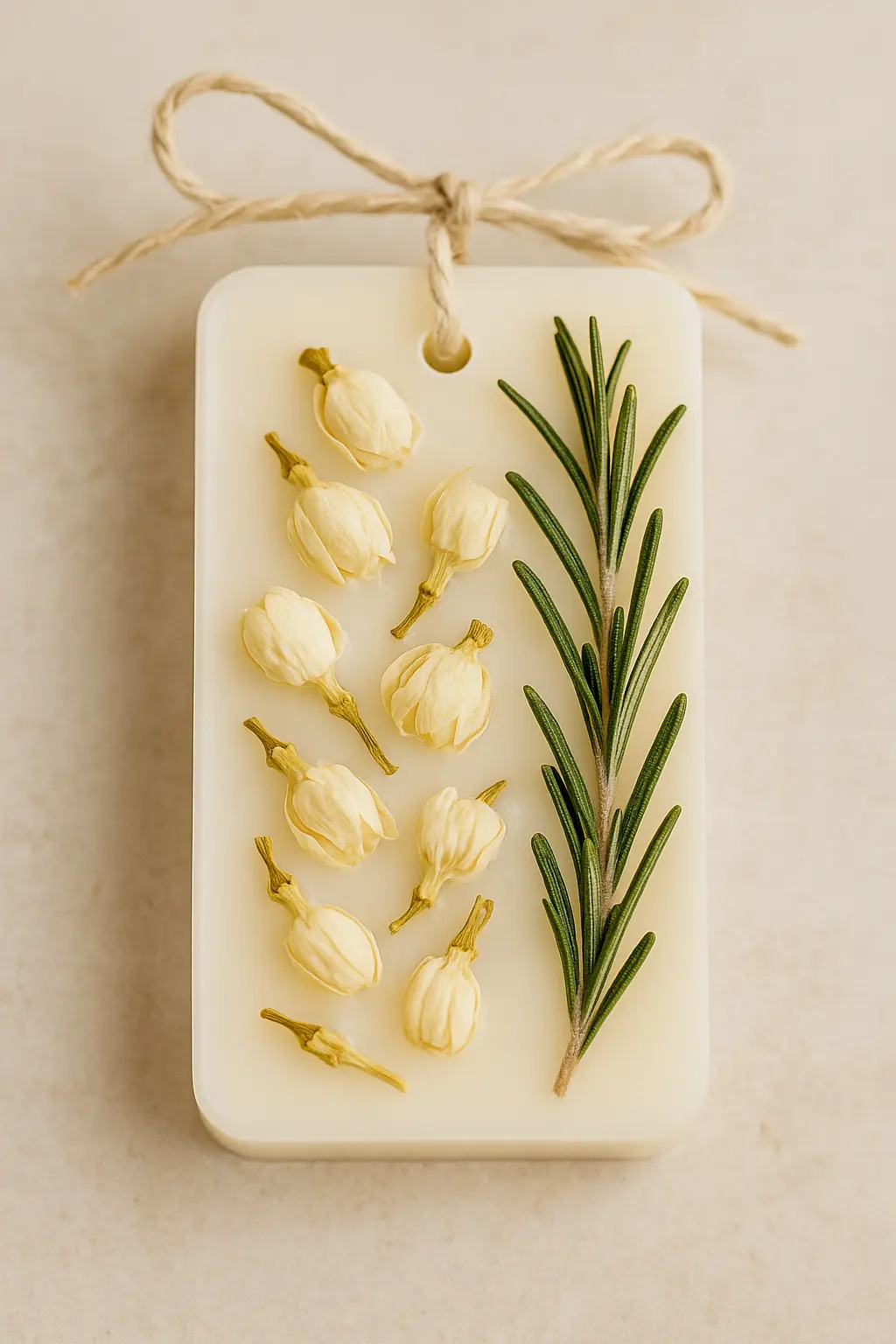Close-up of a cream-colored wax sachet decorated with dried jasmine flowers and a fresh rosemary sprig, tied with natural twine.