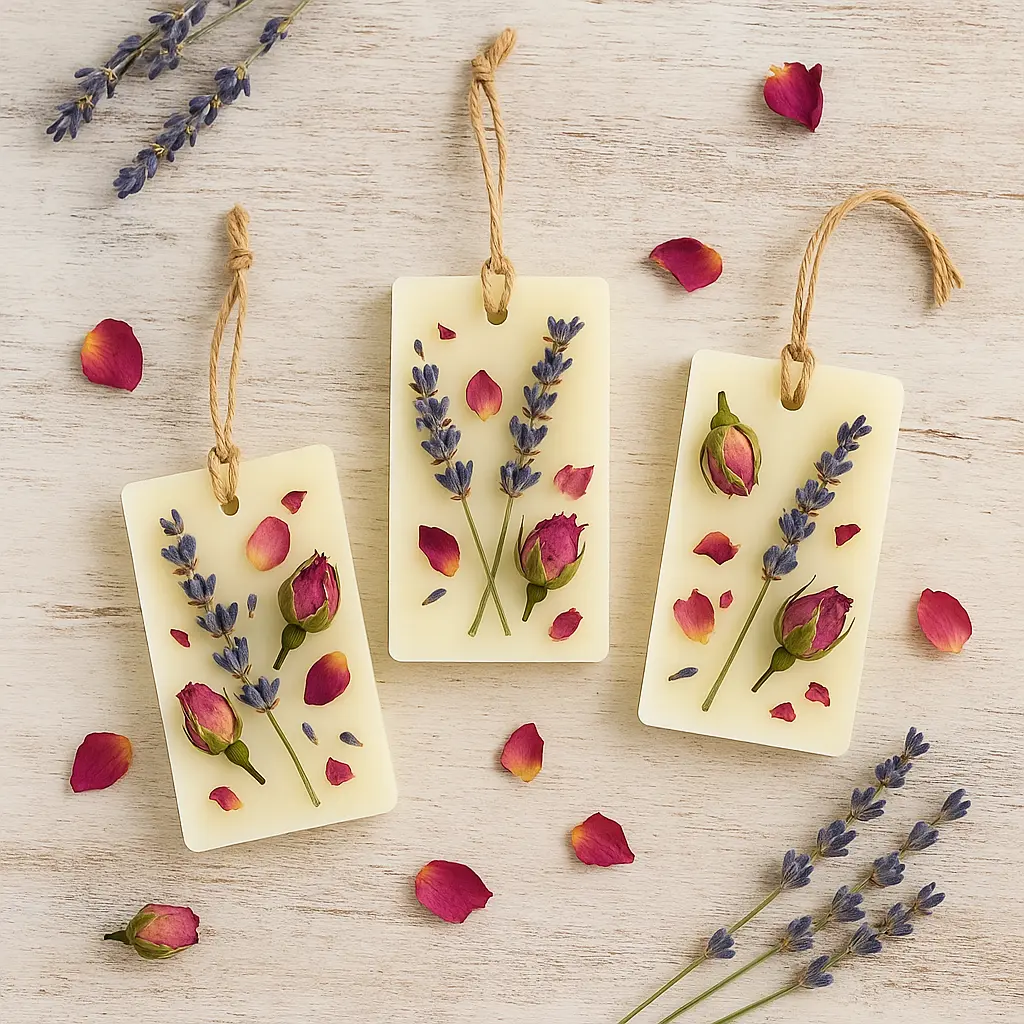Flat lay of three handmade floral wax sachets decorated with dried lavender and rosebuds, arranged on a rustic wooden table with scattered petals.
