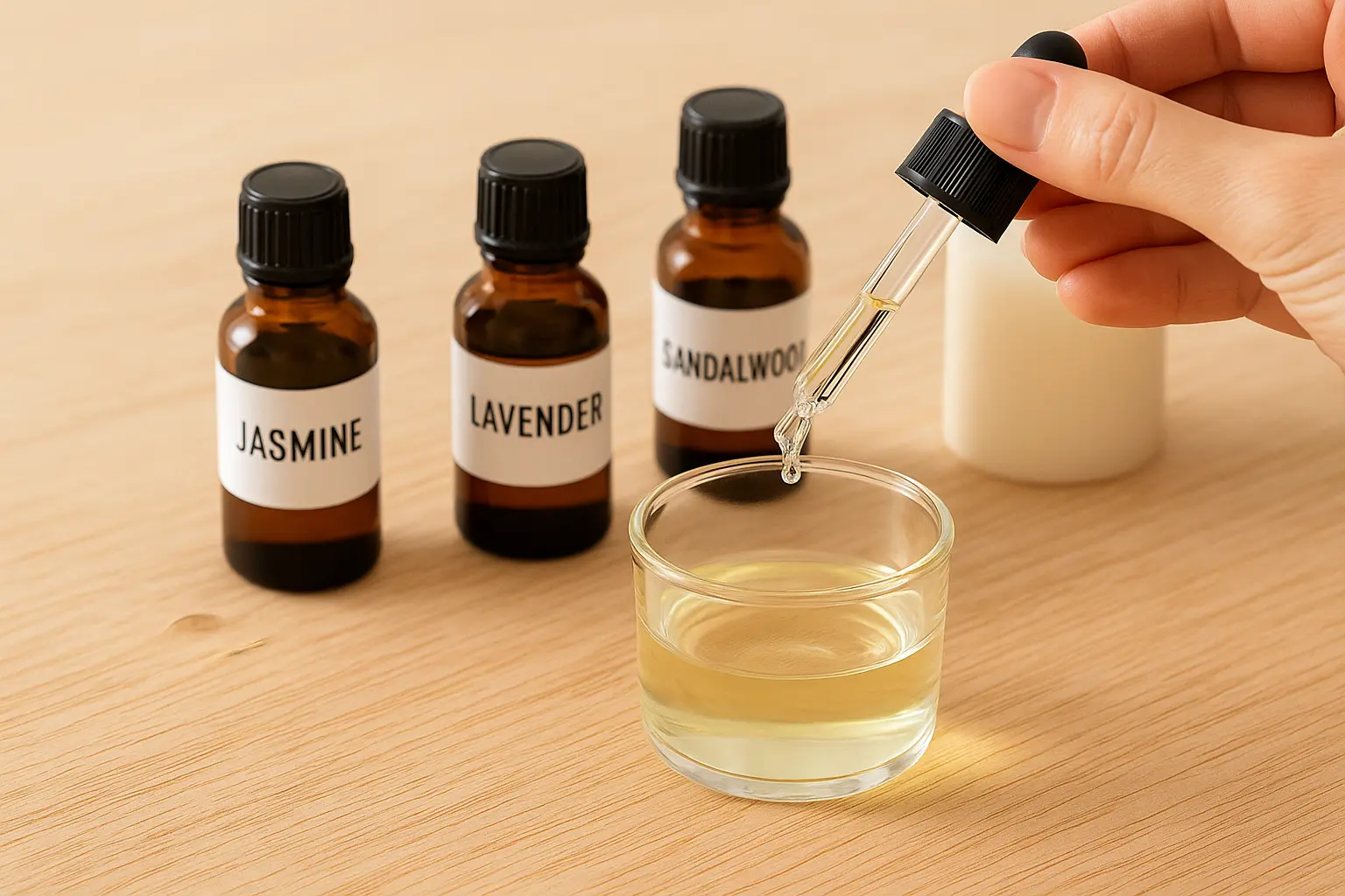 Dropper adding fragrance oil into melted wax with jasmine, lavender, and sandalwood bottles in the background.