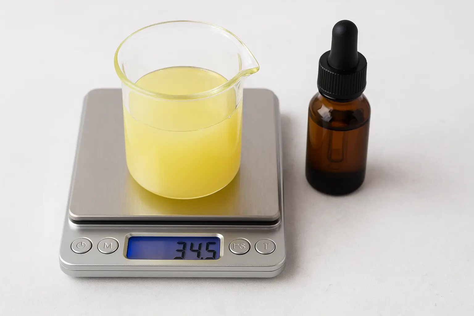 Digital scale measuring fragrance oil in a beaker with an amber dropper bottle beside melted wax for DIY wax sachets