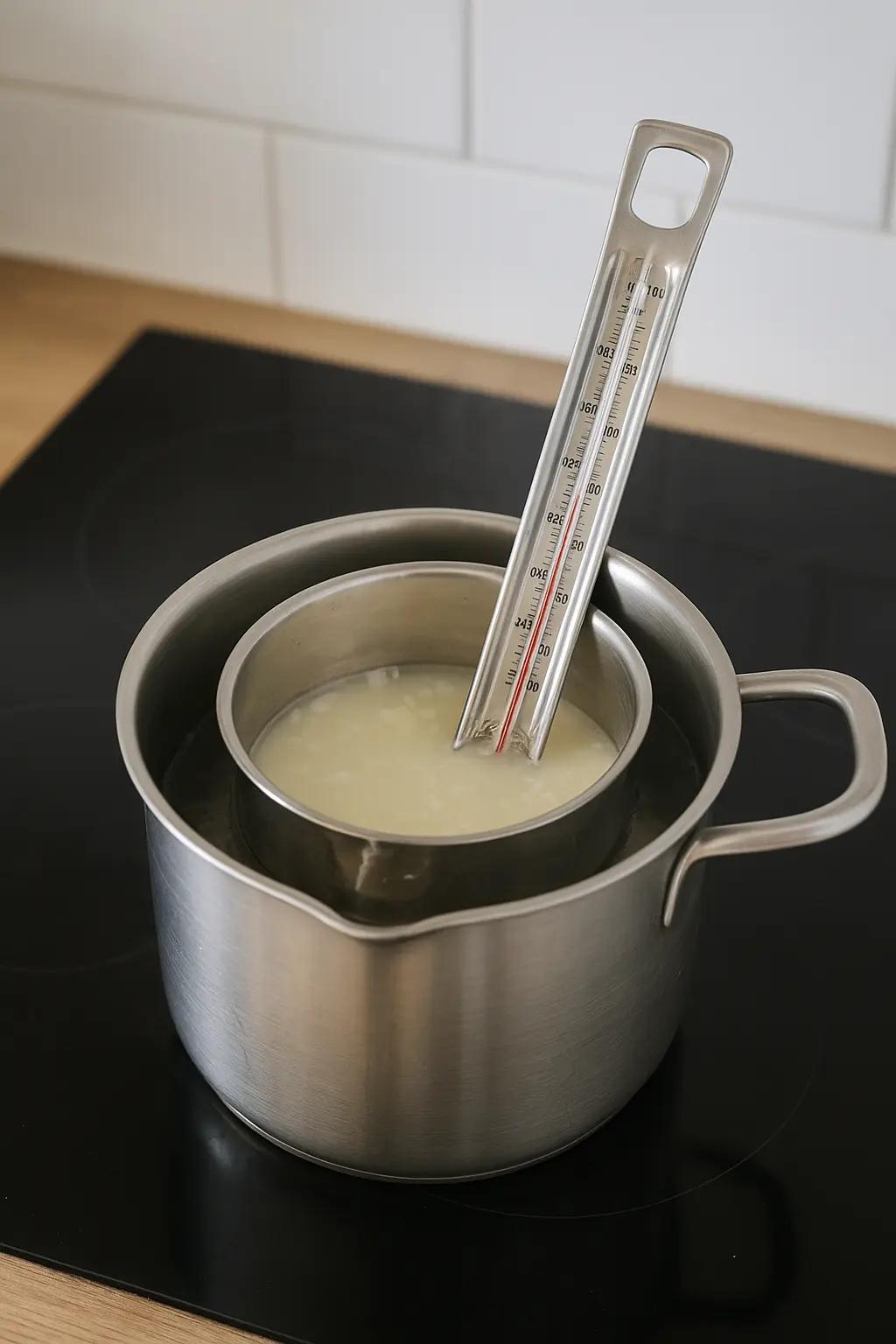Double boiler with melted wax and a thermometer inserted to check temperature for DIY wax sachets