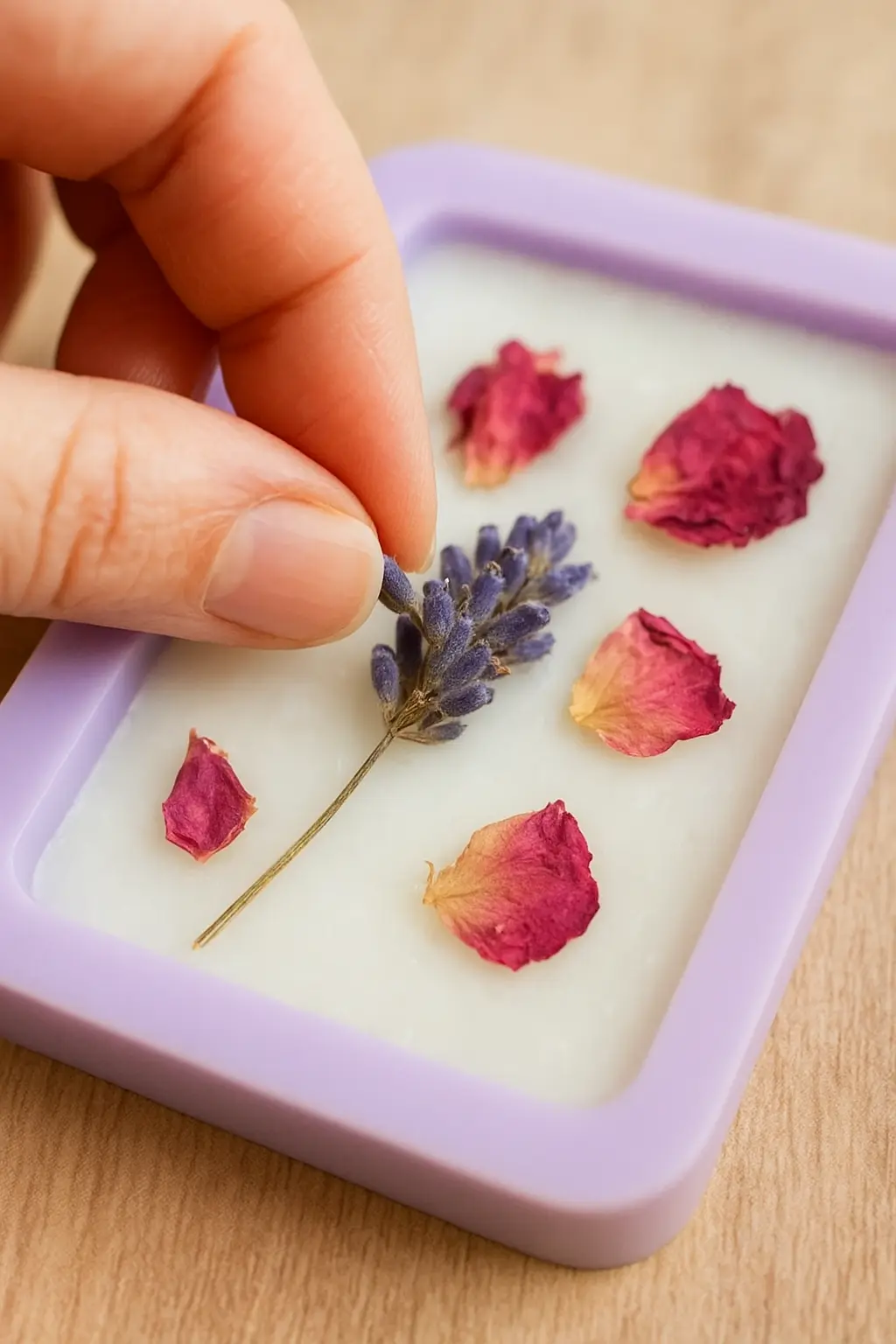 Close-up of dried lavender and rose petals being gently pressed into semi-set wax for a handmade wax sachet