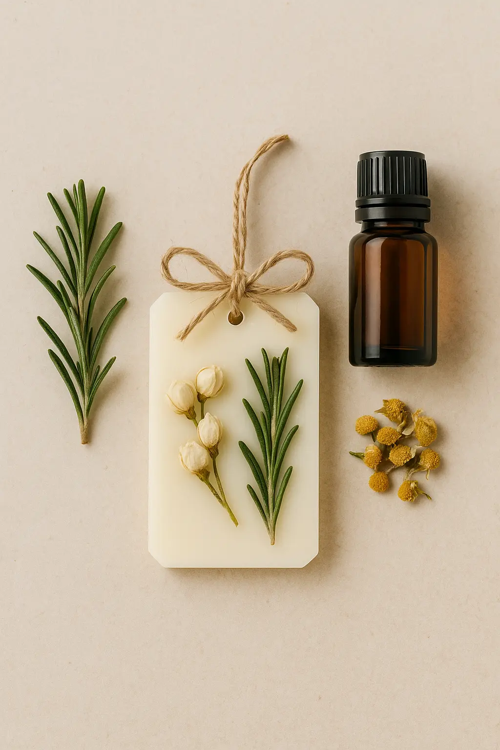 Scent pairing ideas for floral wax sachets with dried jasmine, rosemary sprigs, chamomile flowers, and essential oil bottle.