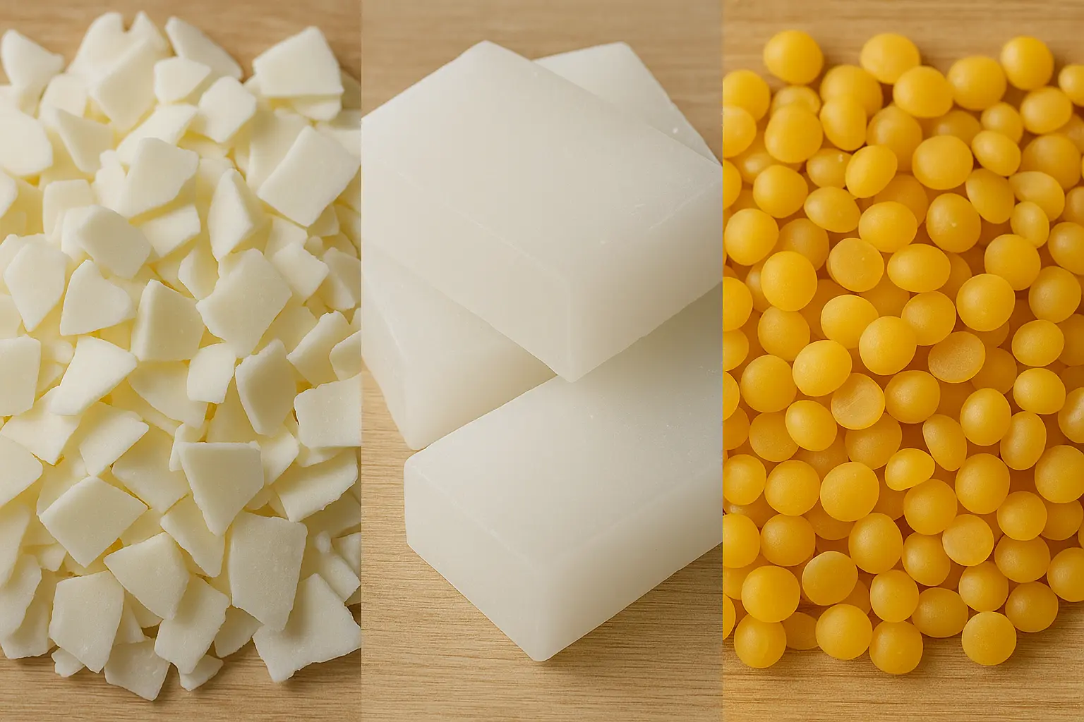 Close-up of soy wax flakes, paraffin wax blocks, and golden beeswax pellets displayed side-by-side.