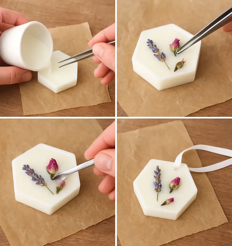Step-by-step guide to adding dried flowers in wax sachets, showing pouring wax, placing flowers with tweezers, sealing, and the finished floral sachet.