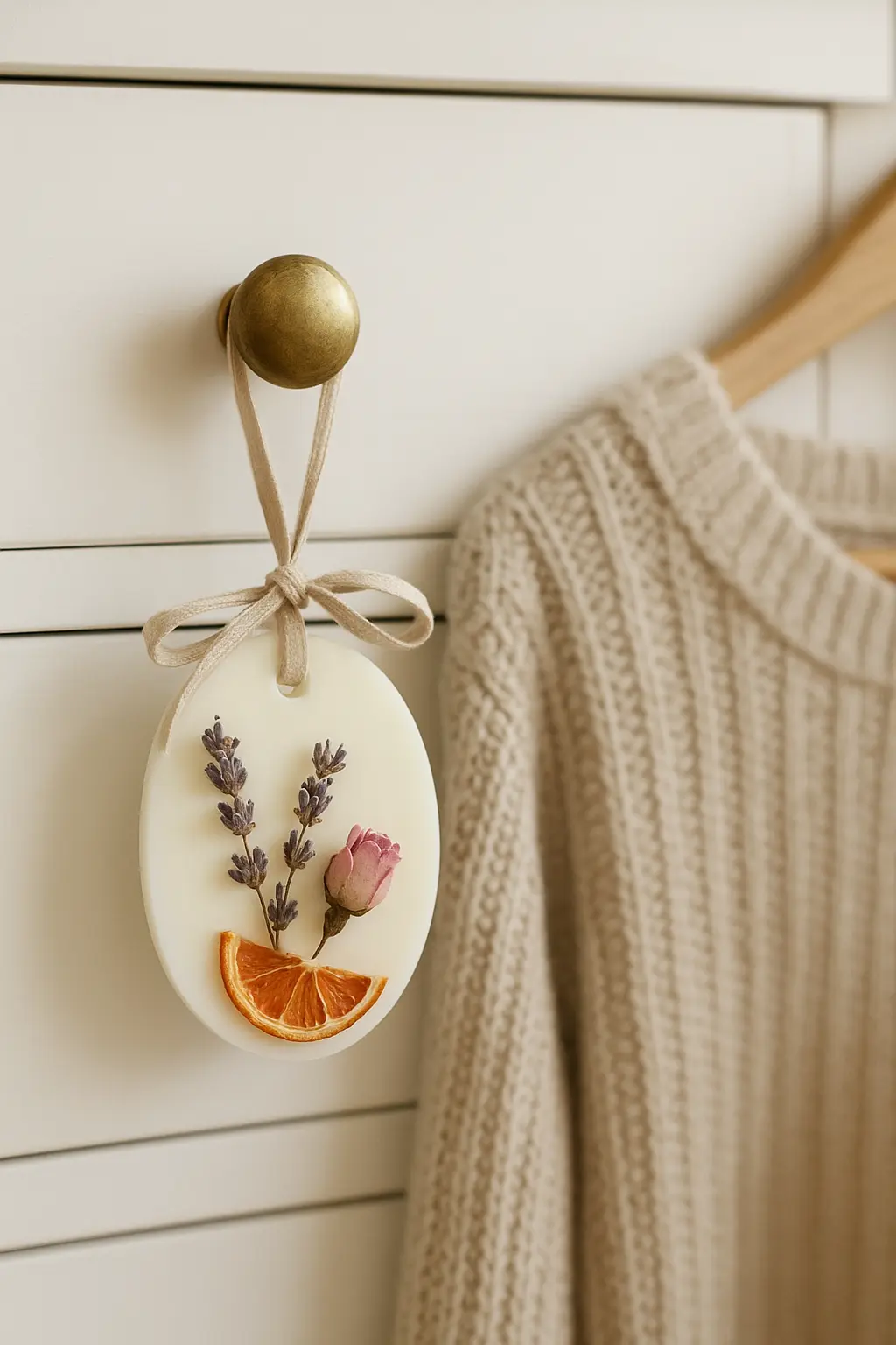Cozy lifestyle shot of a wax sachet with lavender, rosebud, and dried orange slice hanging from a brass drawer knob beside a beige sweater