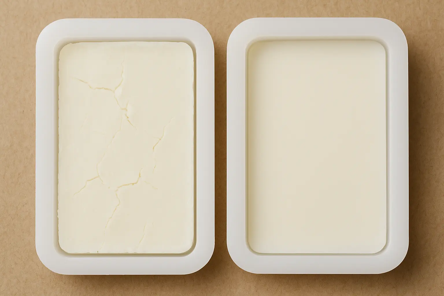 Side-by-side wax sachet molds showing one rushed with cracks and one cooled naturally with a smooth finish