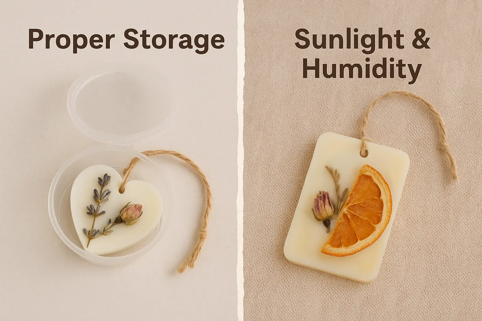 Comparison of wax sachets: one stored in airtight container looking fresh, another left in sunlight appearing faded and discoloured